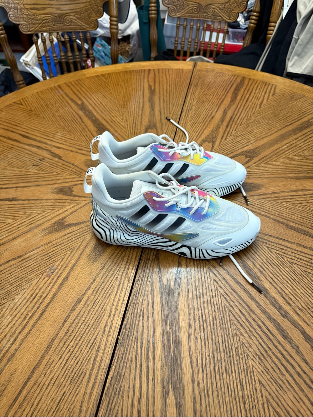 adidas Patrick MahomeWhite Sneakers with Rainbow Accents and Zebra-Print Midsole